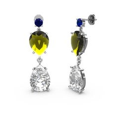 Lab safir, swarovski ve peridot 14 ayar beyaz altın küpe