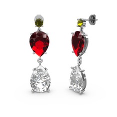 Lena Damla Küpe - Peridot, beyaz zirkon ve garnet 18 ayar beyaz altın küpe #bf20t
