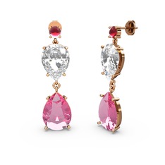 Kök yakut, pembe kuvars ve beyaz zirkon 18 ayar rose altın küpe
