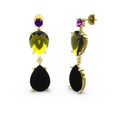 Lena Damla Küpe - Ametist, siyah zirkon ve peridot 14 ayar altın küpe #cb01pq