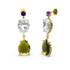 Ametist, peridot ve swarovski 14 ayar altın küpe