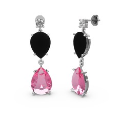 Lena Damla Küpe - Swarovski, pembe kuvars ve siyah zirkon 18 ayar beyaz altın küpe #cw60c7