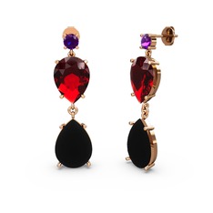 Ametist, siyah zirkon ve garnet 18 ayar rose altın küpe