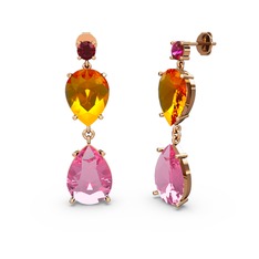 Rodolit garnet, pembe kuvars ve sitrin 18 ayar rose altın küpe