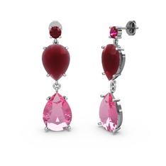 Rodolit garnet, pembe kuvars ve kök yakut 18 ayar beyaz altın küpe