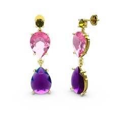 Lena Damla Küpe - Peridot, ametist ve pembe kuvars 14 ayar altın küpe #e9h73a