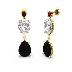 Garnet, siyah zirkon ve swarovski 18 ayar altın küpe