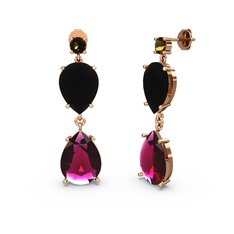 Dumanlı kuvars, rodolit garnet ve siyah zirkon 18 ayar rose altın küpe