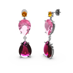 Sitrin, rodolit garnet ve pembe kuvars 8 ayar beyaz altın küpe