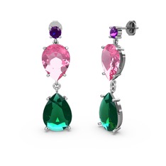 Lena Damla Küpe - Ametist, yeşil kuvars ve pembe kuvars 14 ayar beyaz altın küpe #f0qw3g