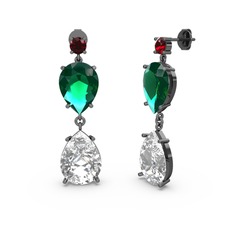 Garnet, swarovski ve yeşil kuvars 925 ayar siyah rodyum kaplama gümüş küpe