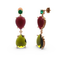 Lena Damla Küpe - Yeşil kuvars, peridot ve kök yakut 8 ayar rose altın küpe #g4retm