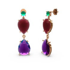 Kök zümrüt, ametist ve kök yakut 8 ayar rose altın küpe