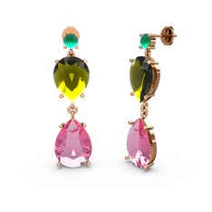 Lena Damla Küpe - Kök zümrüt, pembe kuvars ve peridot 8 ayar rose altın küpe #gos575