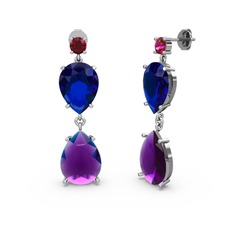 Rodolit garnet, ametist ve lab safir 14 ayar beyaz altın küpe