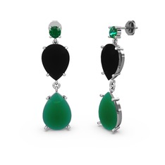 Lena Damla Küpe - Yeşil kuvars, kök zümrüt ve siyah zirkon 18 ayar beyaz altın küpe #h5huwe