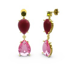 Peridot, pembe kuvars ve kök yakut 14 ayar altın küpe
