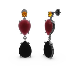 Lena Damla Küpe - Sitrin, siyah zirkon ve kök yakut 925 ayar siyah rodyum kaplama gümüş küpe #hkjcun