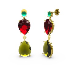 Kök zümrüt, peridot ve garnet 18 ayar altın küpe