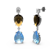 Lena Damla Küpe - Beyaz zirkon, akuamarin ve dumanlı kuvars 18 ayar beyaz altın küpe #iat7sv