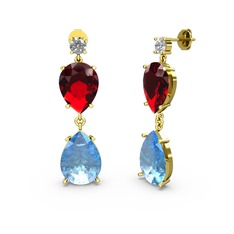 Lena Damla Küpe - Swarovski, akuamarin ve garnet 18 ayar altın küpe #ih90ju