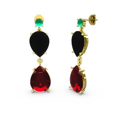 Lena Damla Küpe - Kök zümrüt, garnet ve siyah zirkon 14 ayar altın küpe #ixp625