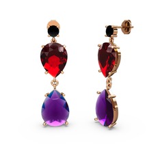 Siyah zirkon, ametist ve garnet 8 ayar rose altın küpe