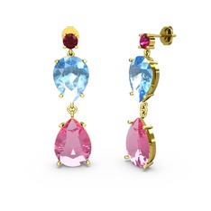Rodolit garnet, pembe kuvars ve akuamarin 14 ayar altın küpe