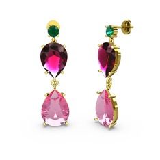 Yeşil kuvars, pembe kuvars ve rodolit garnet 18 ayar altın küpe