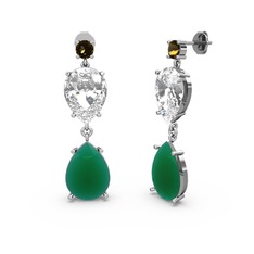 Dumanlı kuvars, kök zümrüt ve swarovski 8 ayar beyaz altın küpe