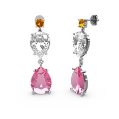 Lena Damla Küpe - Sitrin, pembe kuvars ve beyaz zirkon 8 ayar beyaz altın küpe #n0x9lz