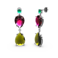 Lena Damla Küpe - Kök zümrüt, peridot ve rodolit garnet 18 ayar beyaz altın küpe #n8cytl