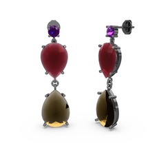 Lena Damla Küpe - Ametist, dumanlı kuvars ve kök yakut 925 ayar siyah rodyum kaplama gümüş küpe #nbs62b