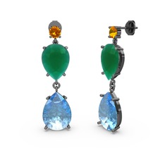 Lena Damla Küpe - Sitrin, akuamarin ve kök zümrüt 925 ayar siyah rodyum kaplama gümüş küpe #nbu6af