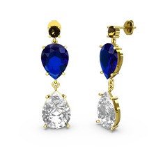 Lena Damla Küpe - Dumanlı kuvars, beyaz zirkon ve lab safir 8 ayar altın küpe #ntejww