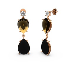 Lena Damla Küpe - Swarovski, siyah zirkon ve dumanlı kuvars 14 ayar rose altın küpe #ntihrk