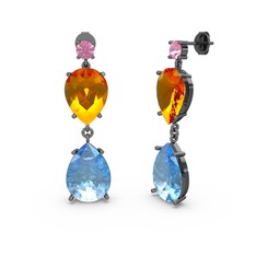 Lena Damla Küpe - Pembe kuvars, akuamarin ve sitrin 925 ayar siyah rodyum kaplama gümüş küpe #p95wzu