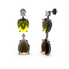 Lena Damla Küpe - Swarovski, dumanlı kuvars ve peridot 925 ayar siyah rodyum kaplama gümüş küpe #pjbz56