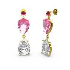 Kök yakut, swarovski ve pembe kuvars 14 ayar altın küpe