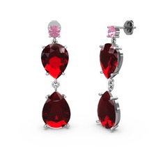 Pembe kuvars ve garnet 18 ayar beyaz altın küpe