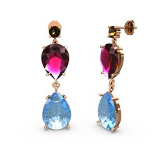 Lena Damla Küpe - Dumanlı kuvars, akuamarin ve rodolit garnet 8 ayar rose altın küpe #pouhgb