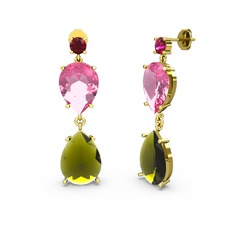 Lena Damla Küpe - Rodolit garnet, peridot ve pembe kuvars 8 ayar altın küpe #q8r9tr