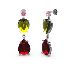 Lena Damla Küpe - Pembe kuvars, garnet ve peridot 14 ayar beyaz altın küpe #qgjl3r