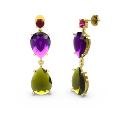 Rodolit garnet, peridot ve ametist 925 ayar altın kaplama gümüş küpe