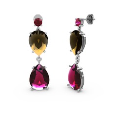 Rodolit garnet ve dumanlı kuvars 8 ayar beyaz altın küpe