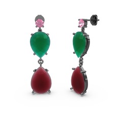 Lena Damla Küpe - Pembe kuvars, kök yakut ve kök zümrüt 925 ayar siyah rodyum kaplama gümüş küpe #qqm3k6