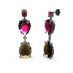 Lena Damla Küpe - Rodolit garnet ve dumanlı kuvars 925 ayar siyah rodyum kaplama gümüş küpe #qt3icz