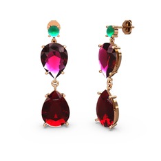 Kök zümrüt, garnet ve rodolit garnet 14 ayar rose altın küpe