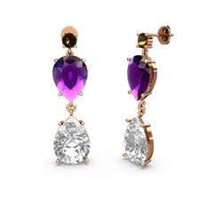 Lena Damla Küpe - Dumanlı kuvars, swarovski ve ametist 14 ayar rose altın küpe #r9zgeo