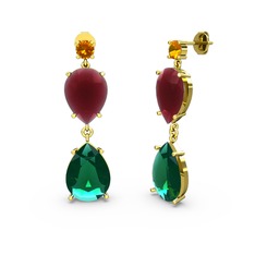 Lena Damla Küpe - Sitrin, yeşil kuvars ve kök yakut 18 ayar altın küpe #radsxi